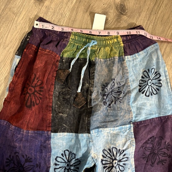Bohemian Hippie Patchwork Drawstring Pants Cotton Pockets Sz L Made in Nepal - Picture 6 of 8